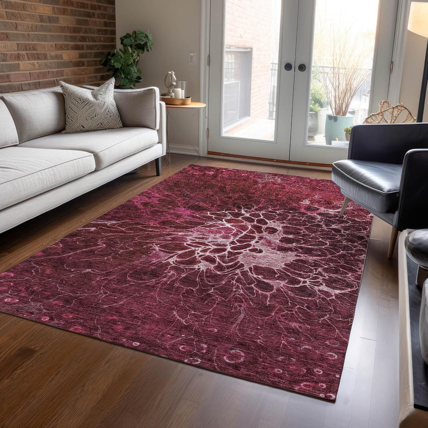 Merlot Red and White Floral Indoor/Outdoor Machine Washable Rug 5' x 7'6"