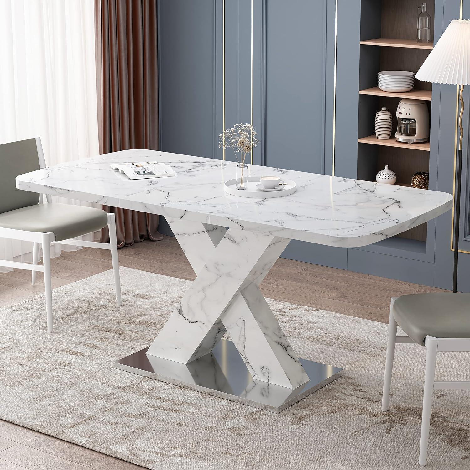 Extendable Dining Table for 4-6 People, Expandable 47-63 Inch Modern White Faux Marble Dining Room Table with MDF Table Top X-Shape Table Leg Metal Base (White Top, White Leg)