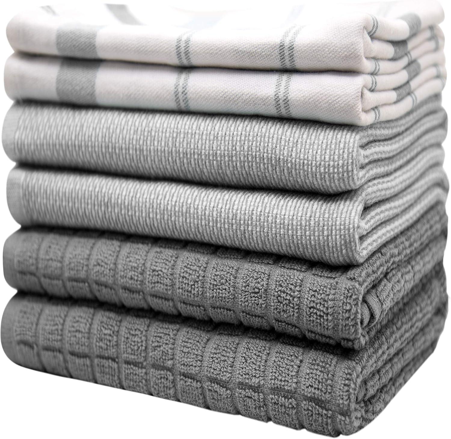 Bumble Towels Premium Kitchen Towels (20”x 28”, 6pc Pack) Large Cotton Kitchen Hand Towels – Check Flat & Terry Tea Towels Set - Grey Color