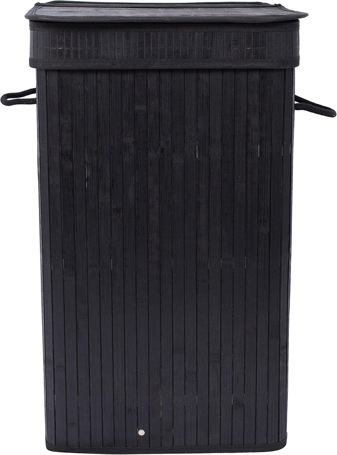 Square Laundry Hamper, Laundry Basket, Bamboo Collapsible Hamper with Lid, String and Cloth Liner for Bedroom, Living Room, Bathroom, Toilet, Hotel, Black