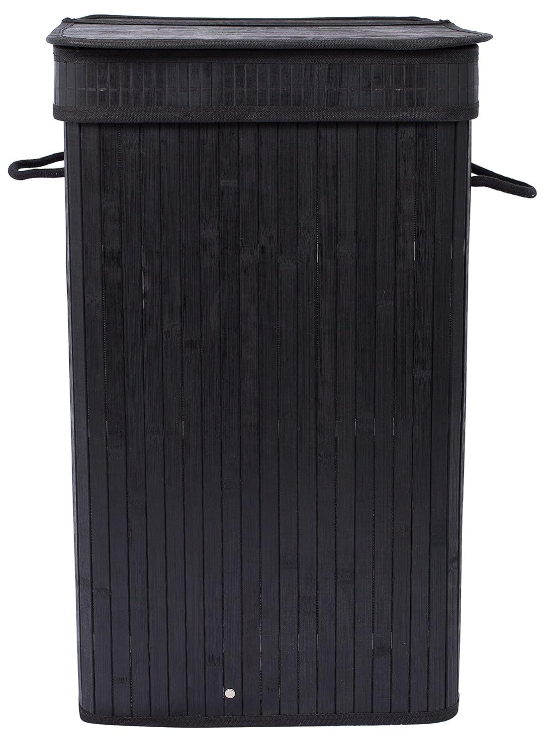 Square Laundry Hamper, Laundry Basket, Bamboo Collapsible Hamper with Lid, String and Cloth Liner for Bedroom, Living Room, Bathroom, Toilet, Hotel, Black