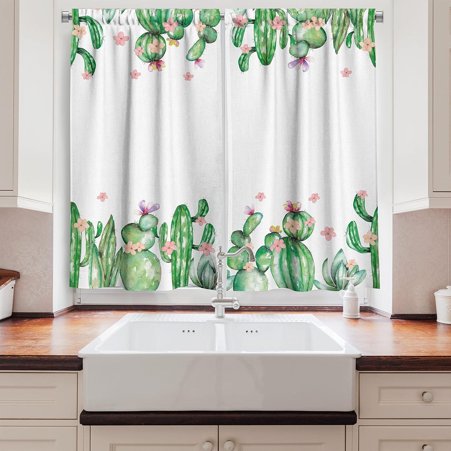 Ambesonne Cactus Kitchen Curtains, Tender Romantic Blossoms, 55"x39", Green Coral Lavender