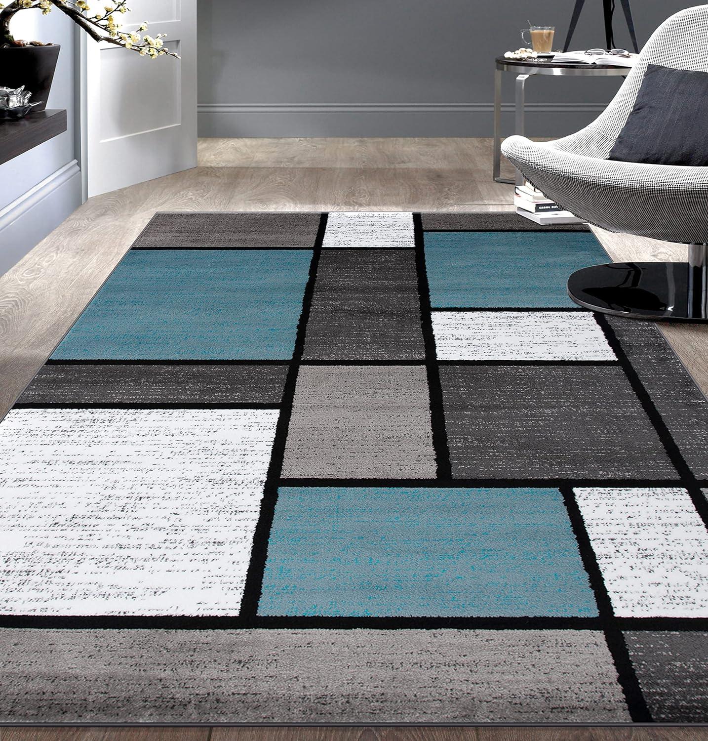 Modern Geometric Blue and Gray Easy-Care Synthetic Area Rug, 5' x 7'