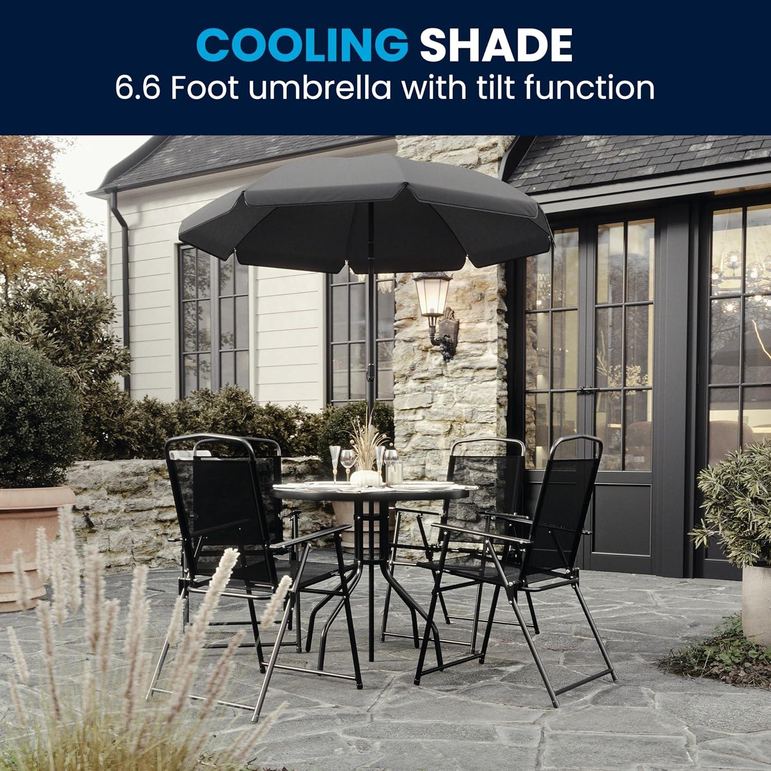 Flash Furniture Nantucket 6 Piece Patio Garden Set with Table, Umbrella and 4 Folding Chairs