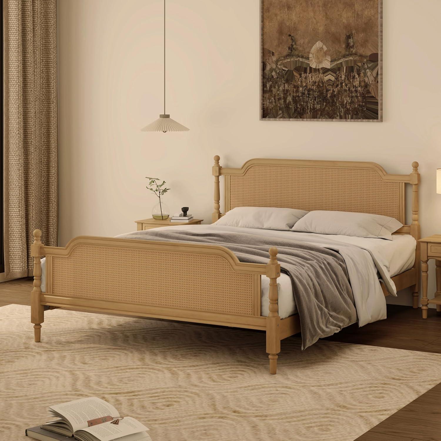Traditional Style Rattan King Size Platform Bed Frame, Wooden Bed Frame with Rattan Headboard and Footboard, Wood Slat Support, No Box Spring Needed, Easy Assembly (Antique Walnut,310)