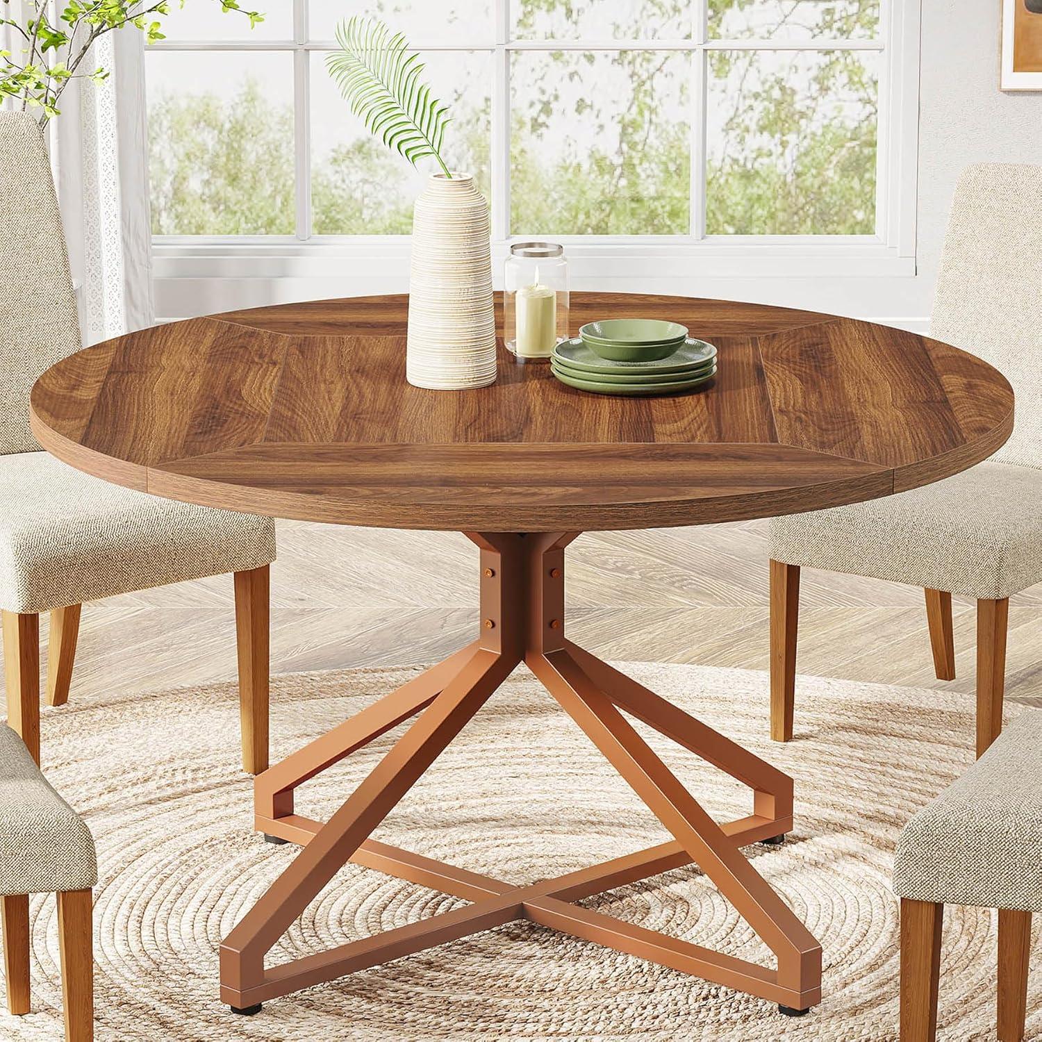 Tribesigns Round Dining Table for 4-6 People, 47-Inch Circle Kitchen Table with Metal Pedestal Base, Wood Dinner Table for Dining Room, Kitchen