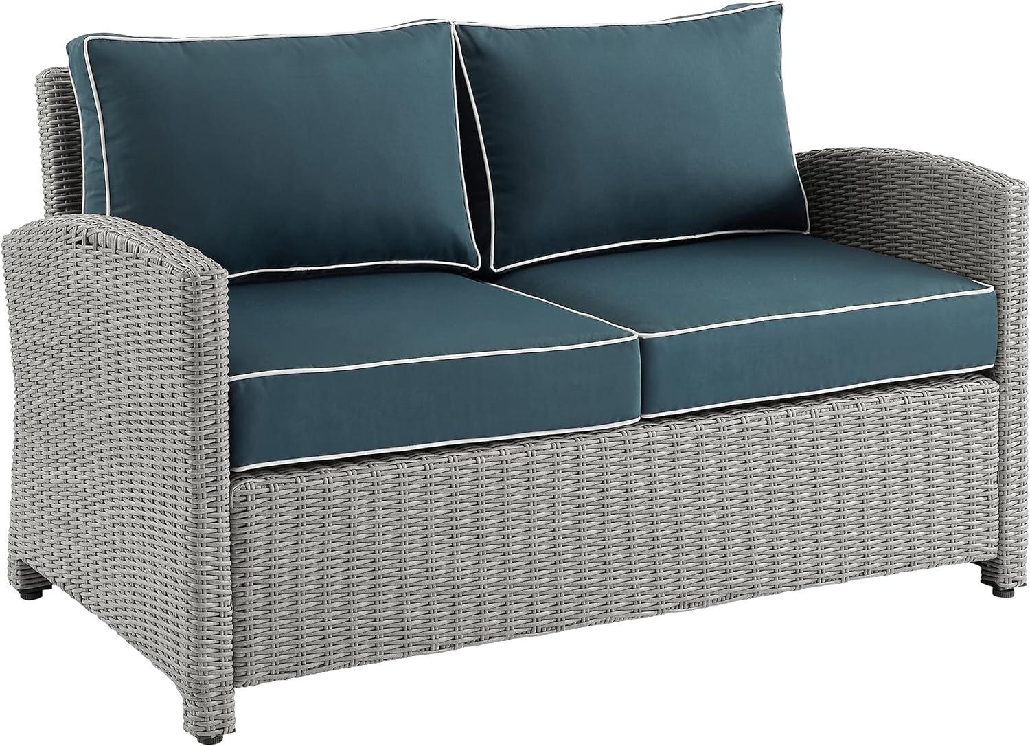 Navy and Gray Wicker Outdoor Loveseat with Steel Frame