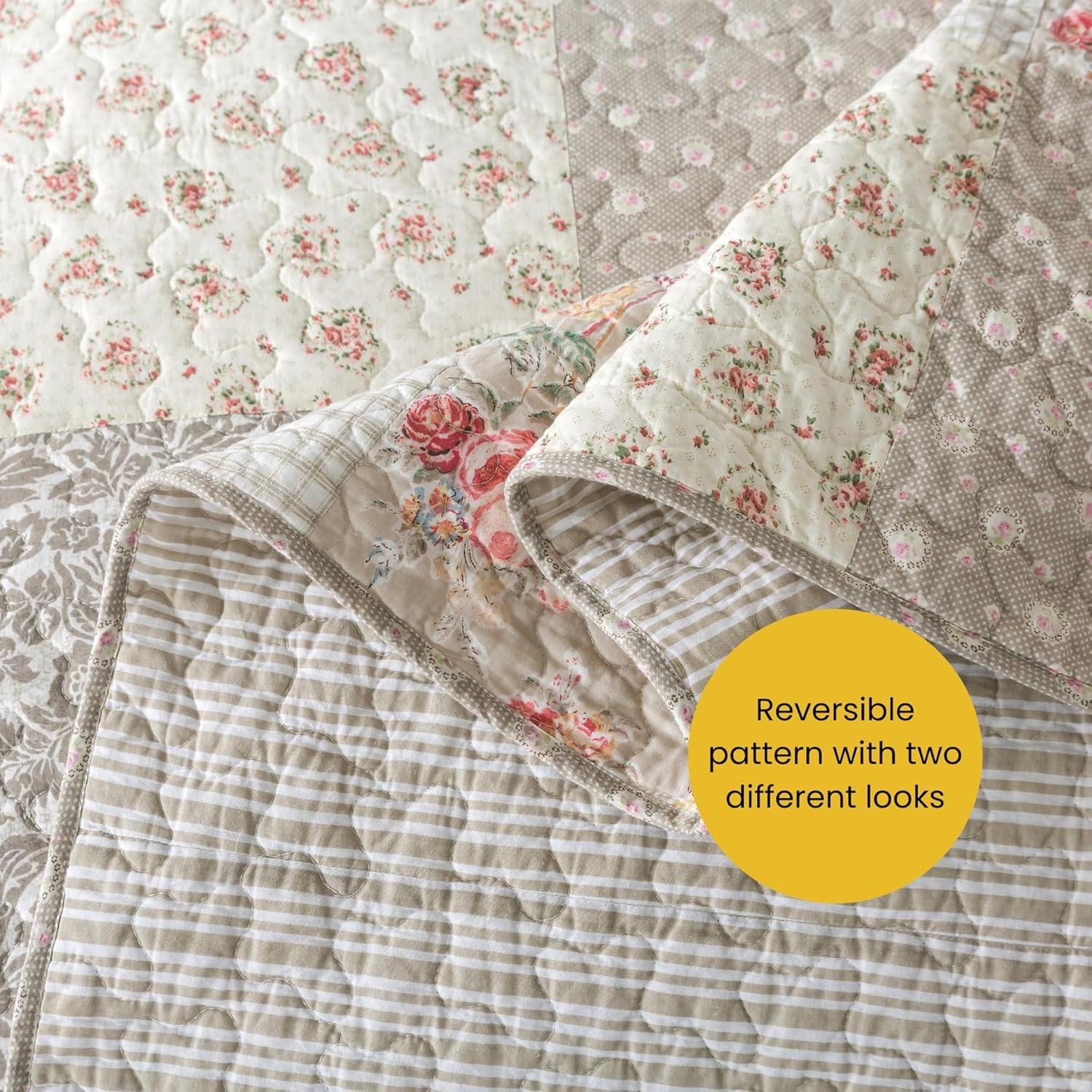 SLPR Walk in The Cotswolds Patchwork Cotton Pieced Quilt Set - Queen Size with 2 Shams, Neutral Floral & Cream Cottage Quilted Bedspread, French Country Farmhouse Bedding for All Seasons