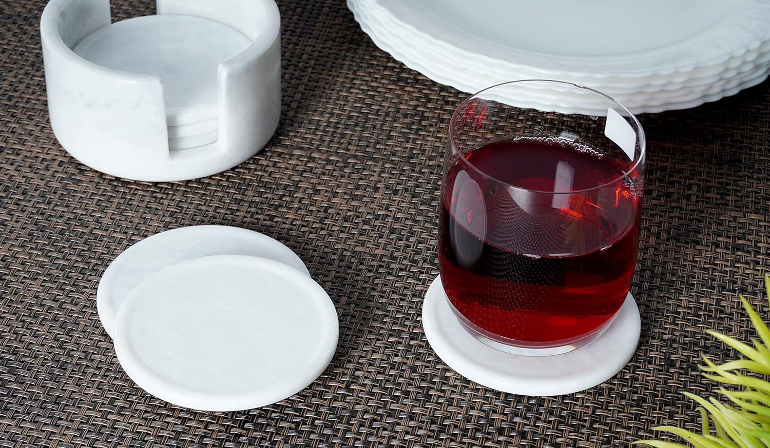 Radicaln White Marble Drink Coasters with Holder – 3.5" Round Handmade Coasters Set of 6 for Kitchen Table, Coffee Table, Bar, Home and Office Décor