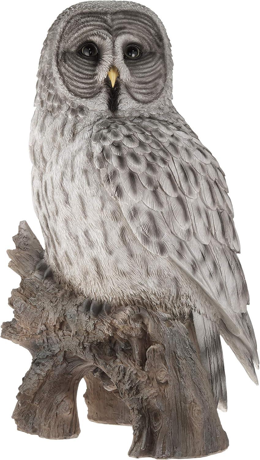 Grey Polyresin Owl on Tree Stump Statue