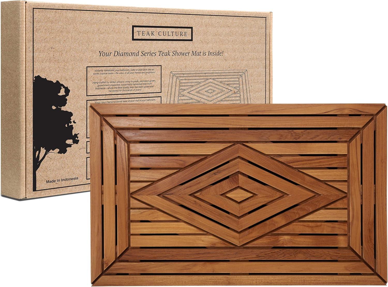 Large Teak Shower Mat with Diamond Design, 31.5 Inches