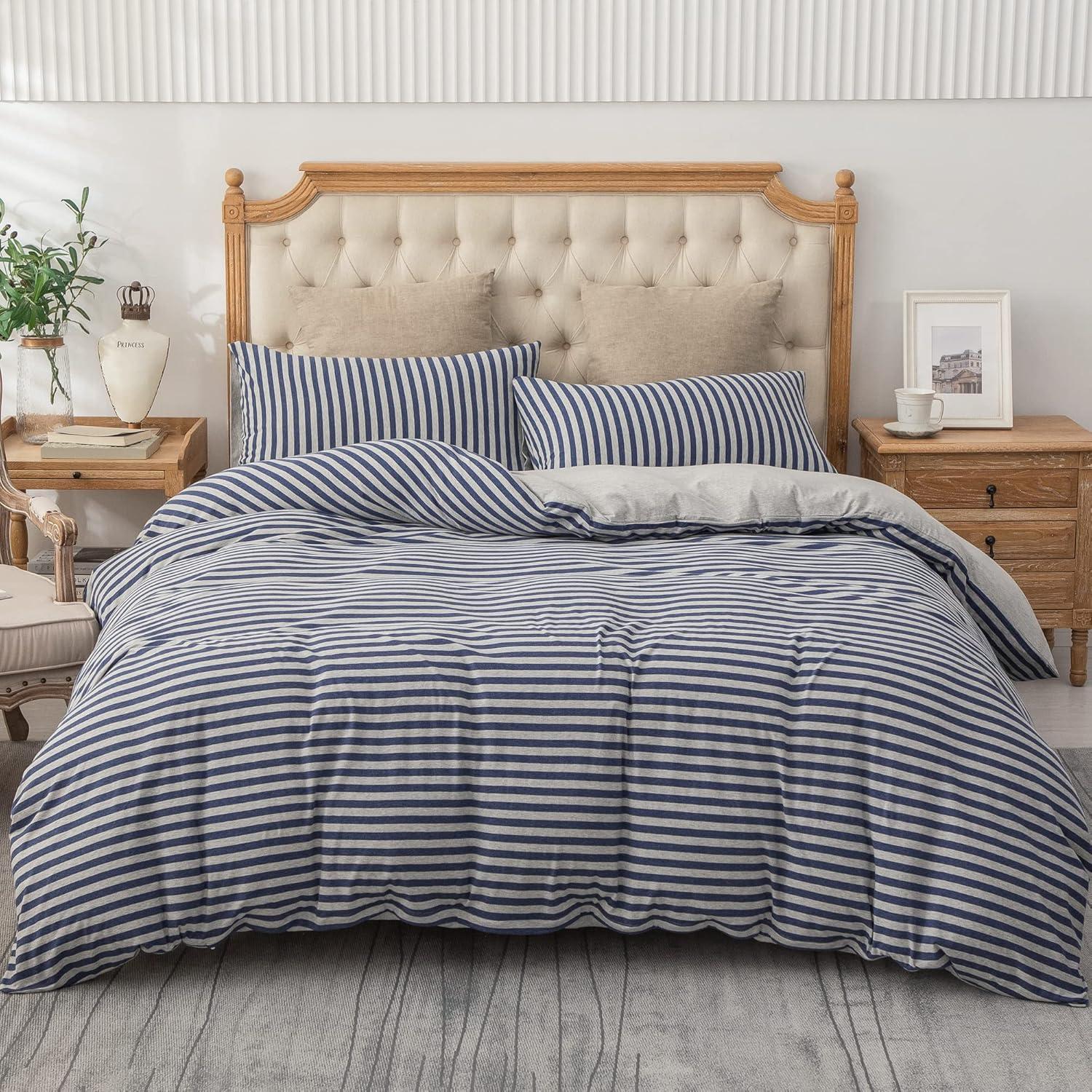 PURE ERA Jersey Knit 100% Cotton Striped Duvet Cover Set With Zipper Closure Reversible bedding,Blueish Grey Stripe, King Size