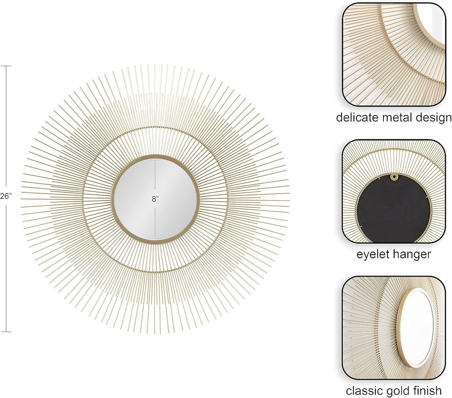 Kate and Laurel Quillet Mid-Century Round Decorative Wall Mirror, 26 Inch Diameter, Gold, Metal Circle Statement Piece Mirror with Detailed Sunburst Frame