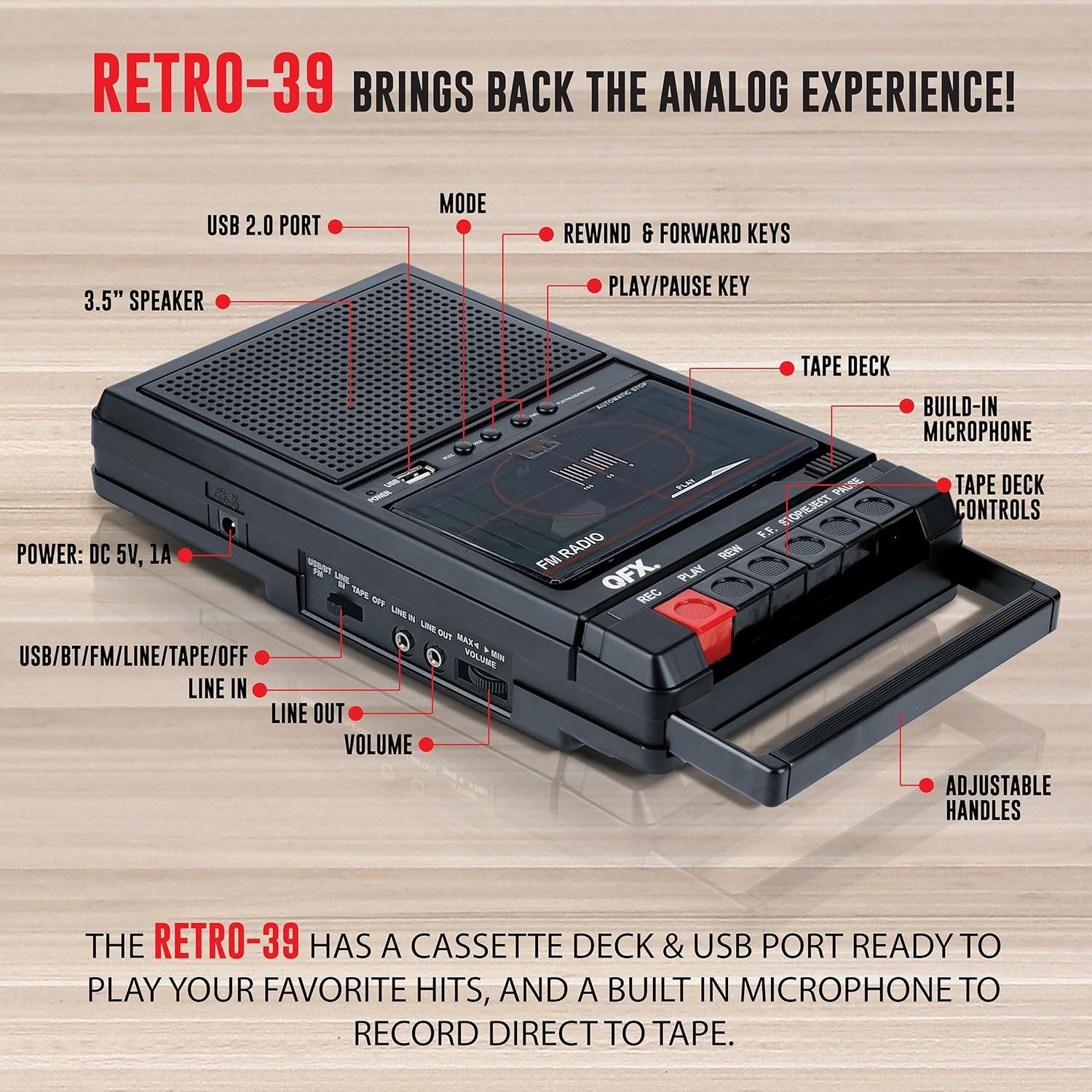 QFX Retro-39BT Shoebox-Style Cassette Player/Recorder with Bluetooth, FM Radio, USB input, Black