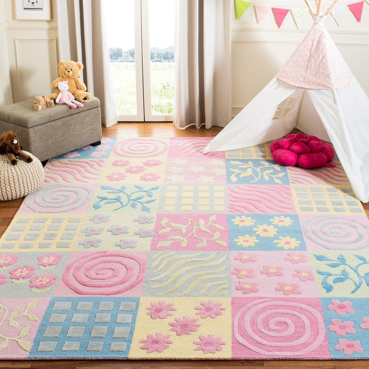 Handmade Geometric Wool Kids Square Rug in Pink & Multi, 59"