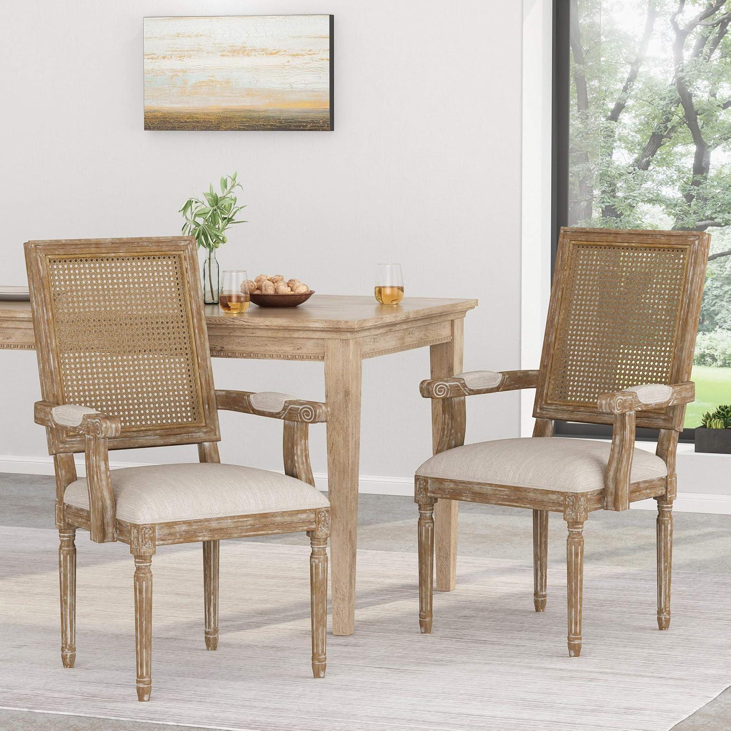 Light Gray Upholstered Arm Chair with Natural Cane and Wood Frame
