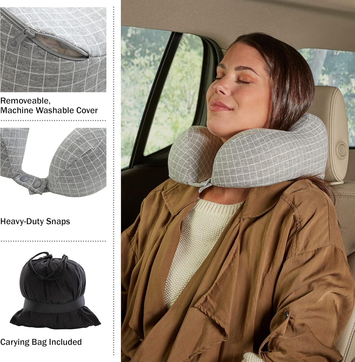 Travel Pillow - Memory Foam Pillow with Washable Cover - Neck Pillows for Sleeping on Airplanes, Trains, Cars, and Buses by Home-Complete (Gray)