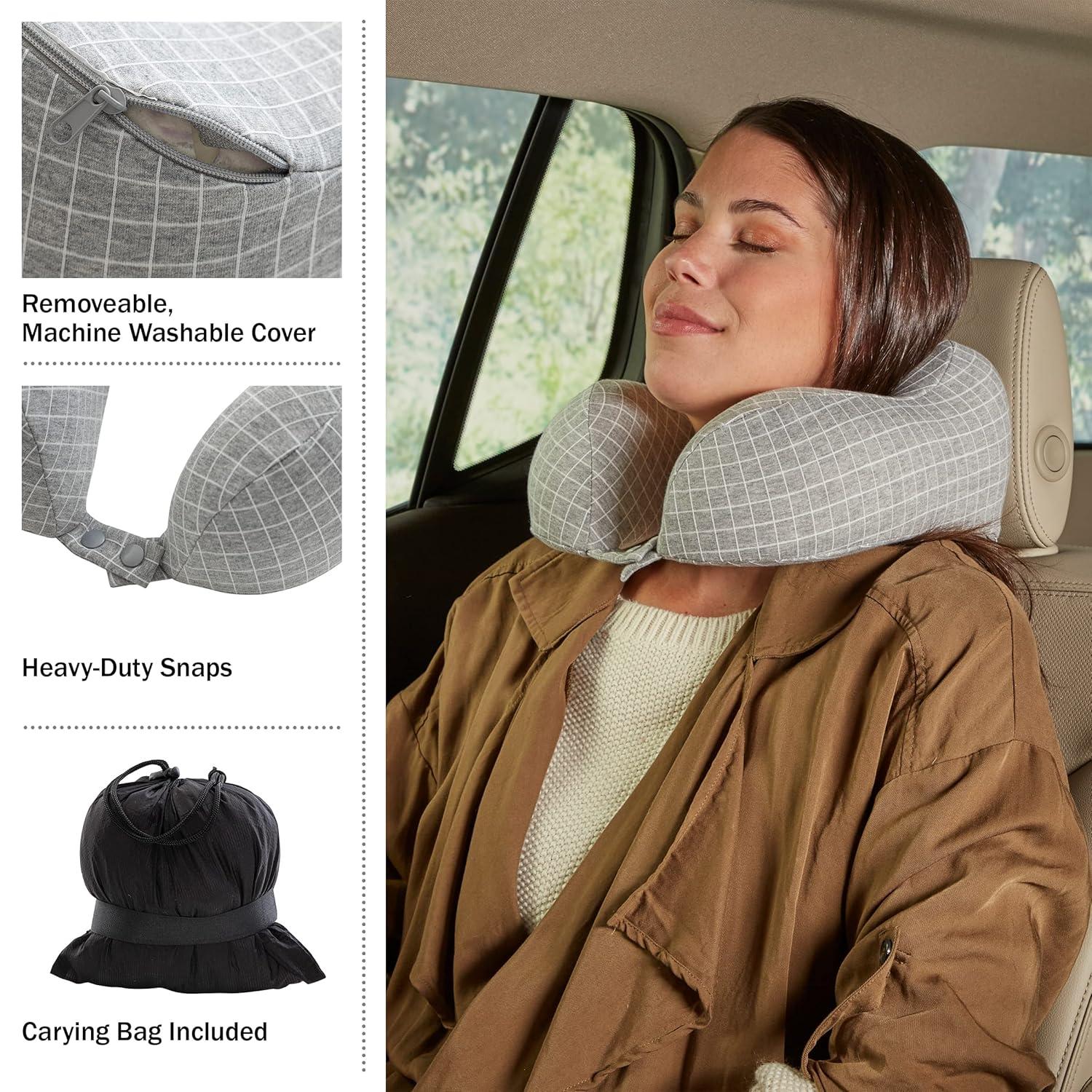 Travel Pillow - Memory Foam Pillow with Washable Cover - Neck Pillows for Sleeping on Airplanes, Trains, Cars, and Buses by Home-Complete (Gray)