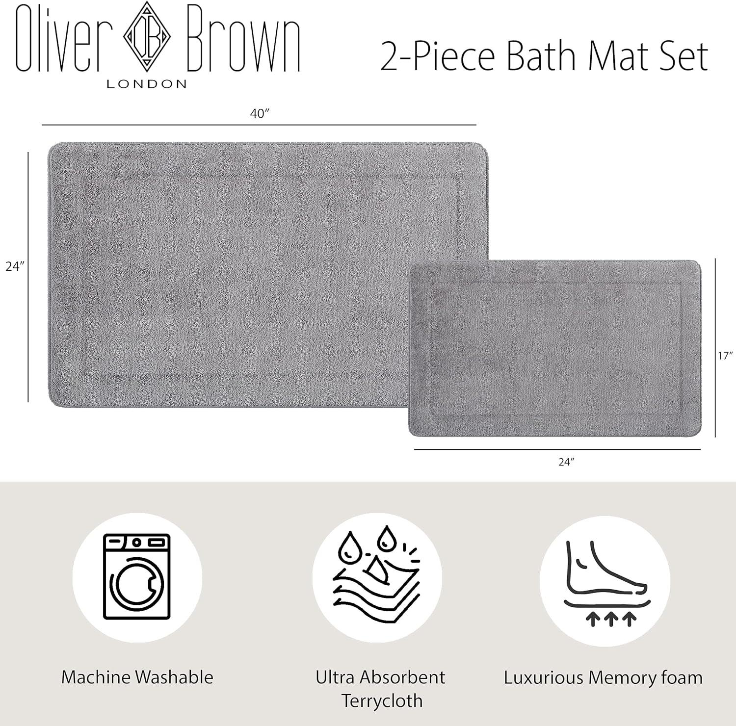 Terry Bath Mats, Set of 2 Memory Foam Bath Rugs, Non-Slip, 100% Polyester, Premium Bathroom Decor, Machine Washable, Measures 17 in. x 24 in. / 20 in. x 32 in., Light Gray