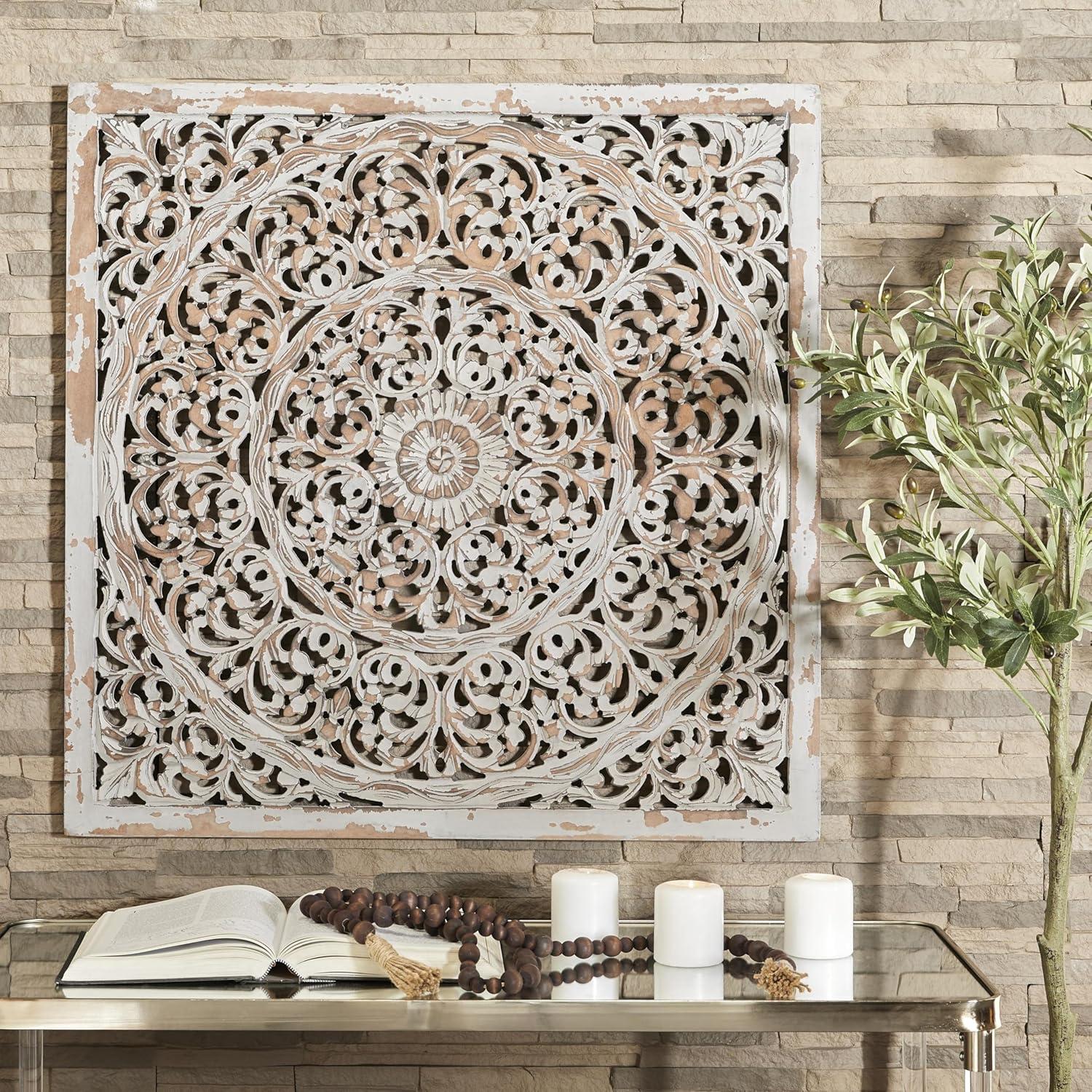 DecMode Brown Wood Handmade Intricately Carved Floral Wall Decor with Mandala Design