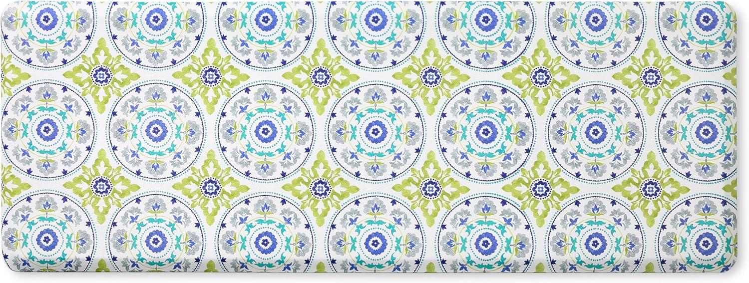 Blue Green White Geo Textured Anti-Fatigue Kitchen Runner Mat