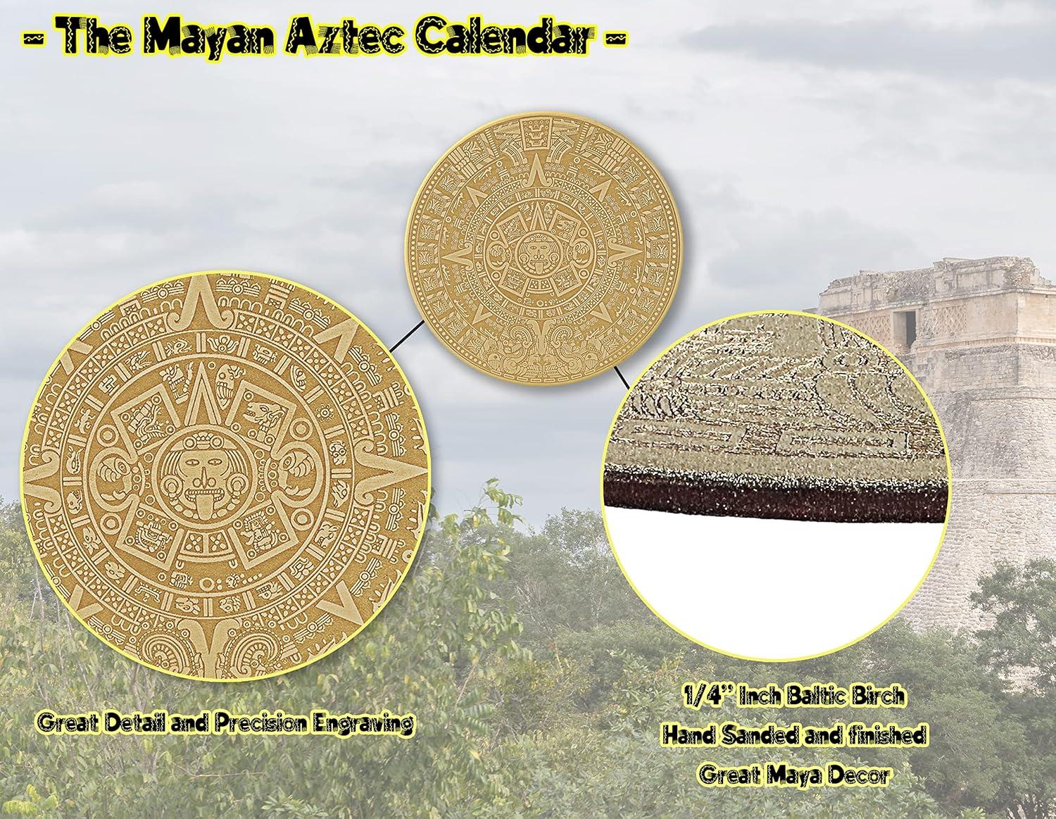 Urbalabs Wood Aztec Calendar Wall Decor 12" Inch Wall Hanging Mexico Aztec Calendar Mayan Calendar Cinco De Mayo Mexican Sun Azteca Calendario Laser Engraved Made In USA (12 Inch)