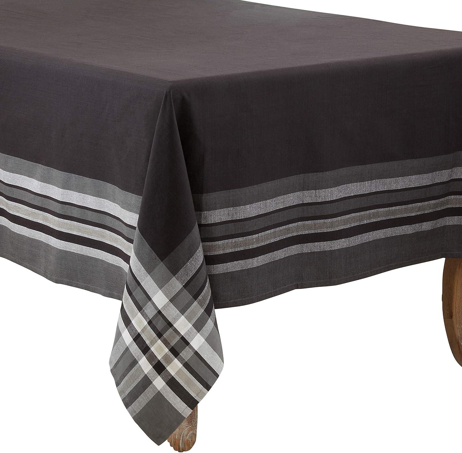 Gray Cotton Tablecloth with Striped Border