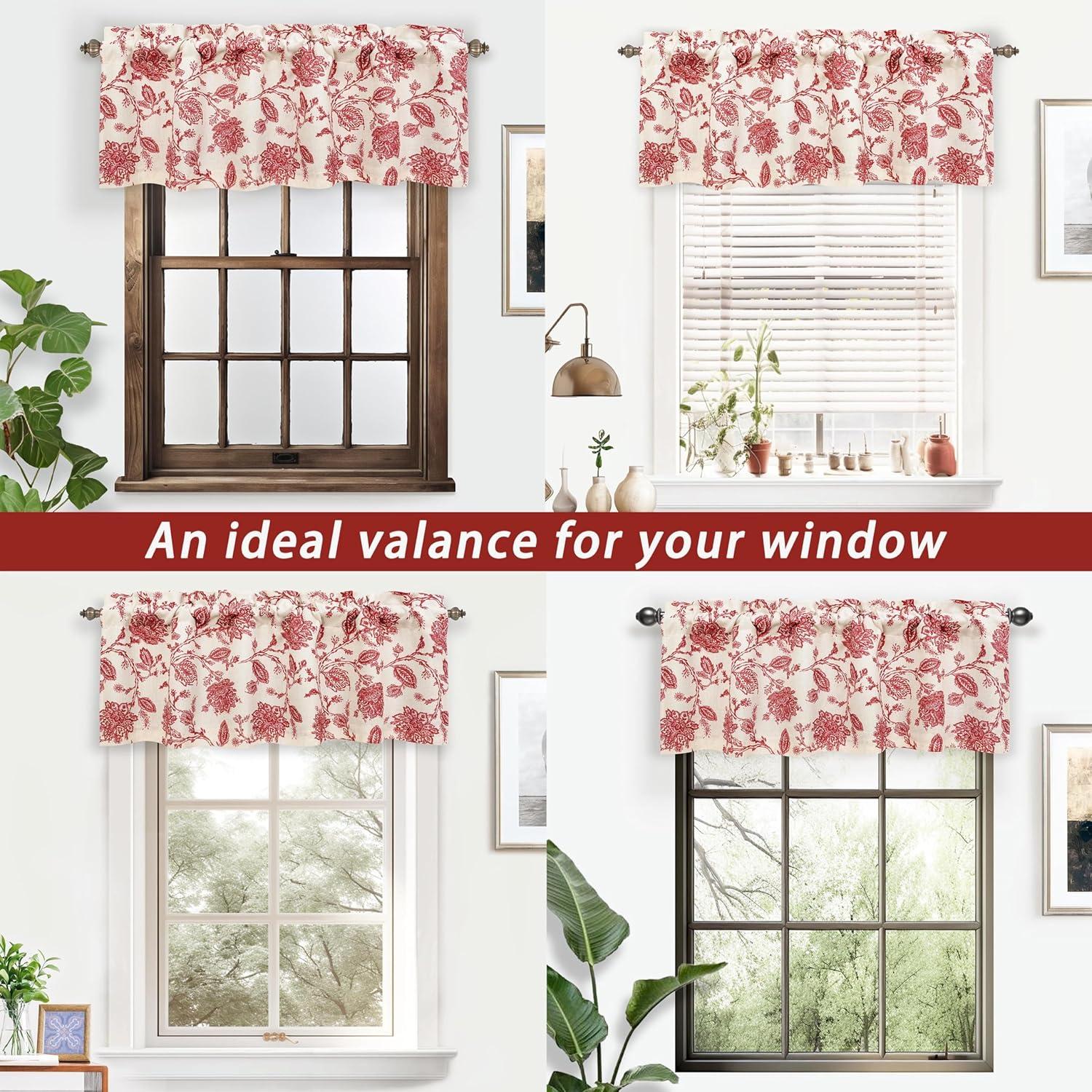 DriftAway Freda Jacobean Floral Linen Blend Blackout Thermal Insulated Energy Saving Privacy Window Curtain Valance Rod Pocket 2 Layers Single 52 Inch by 18 Inch plus 2 Inch Header Red Beige