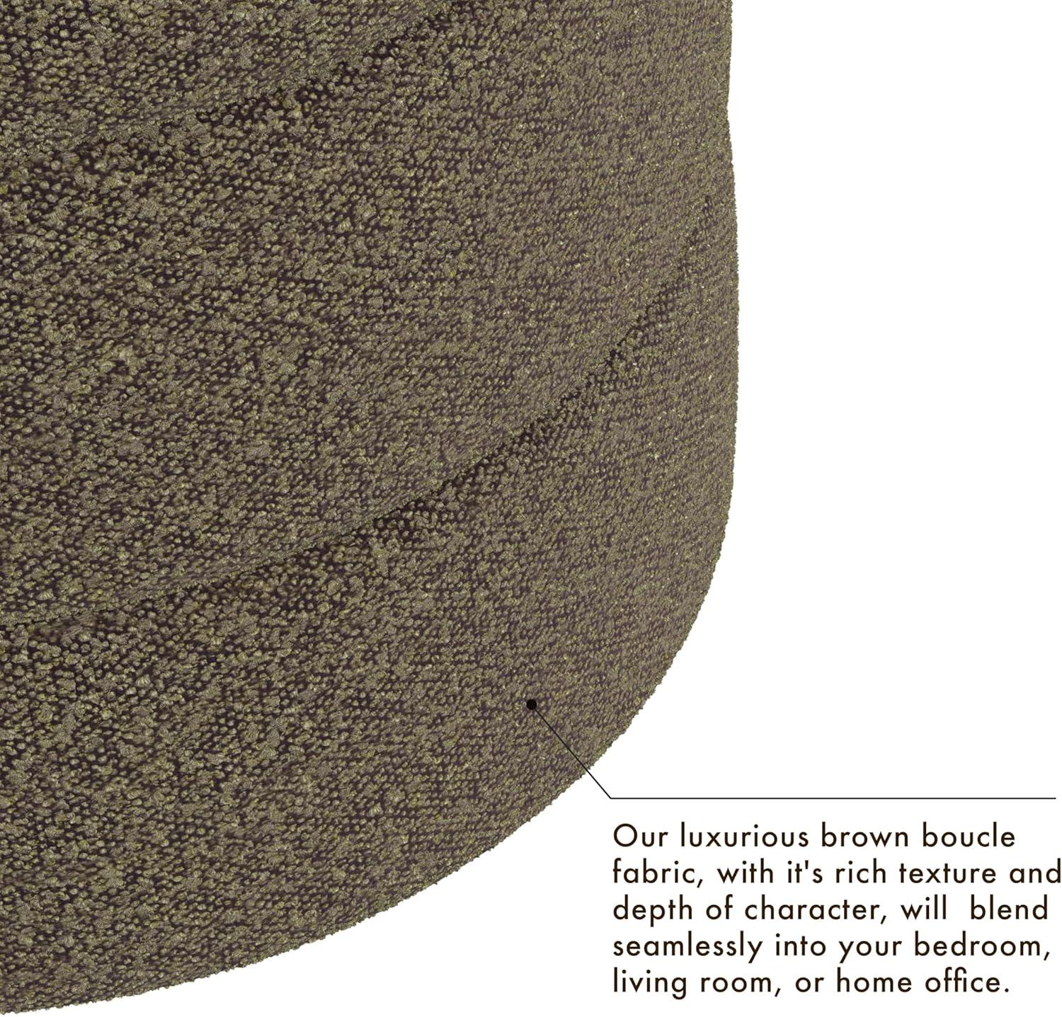 Dark Brown Boucle Round Upholstered Ottoman with Engineered Wood Frame