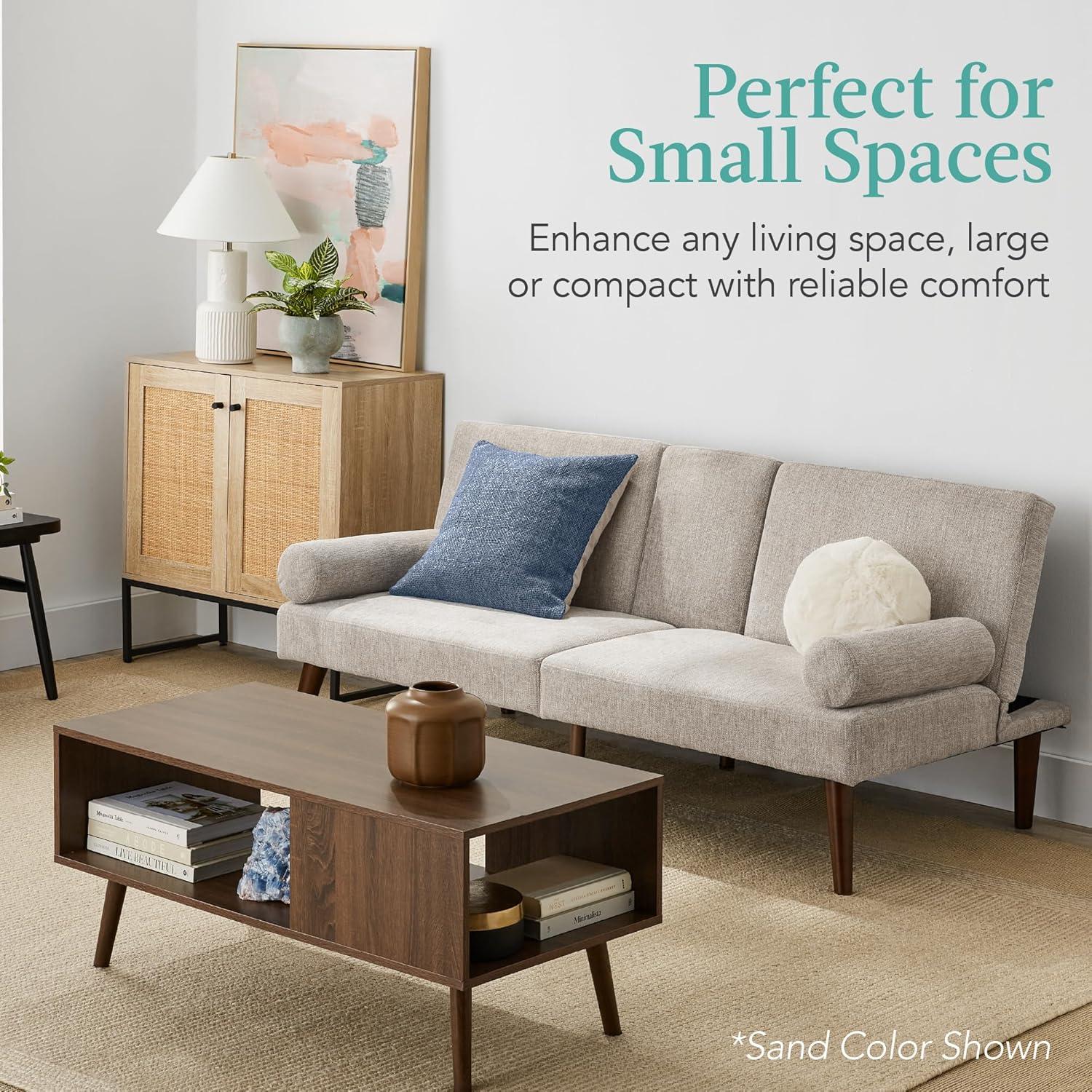 Best Choice Products Fabric Upholstered Convertible Futon w/ Rounded Armrests, Wooden Legs, 2 Cupholders - Black