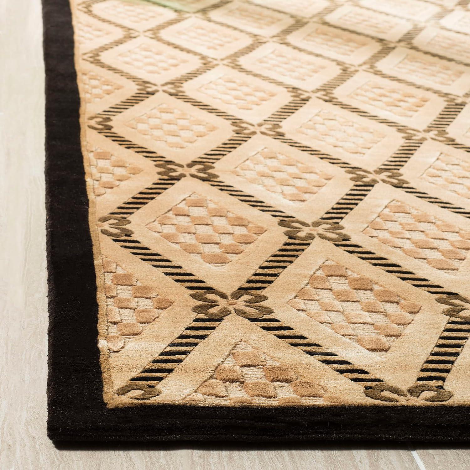 Hand-Knotted Black and Beige Geometric Wool Silk Rug