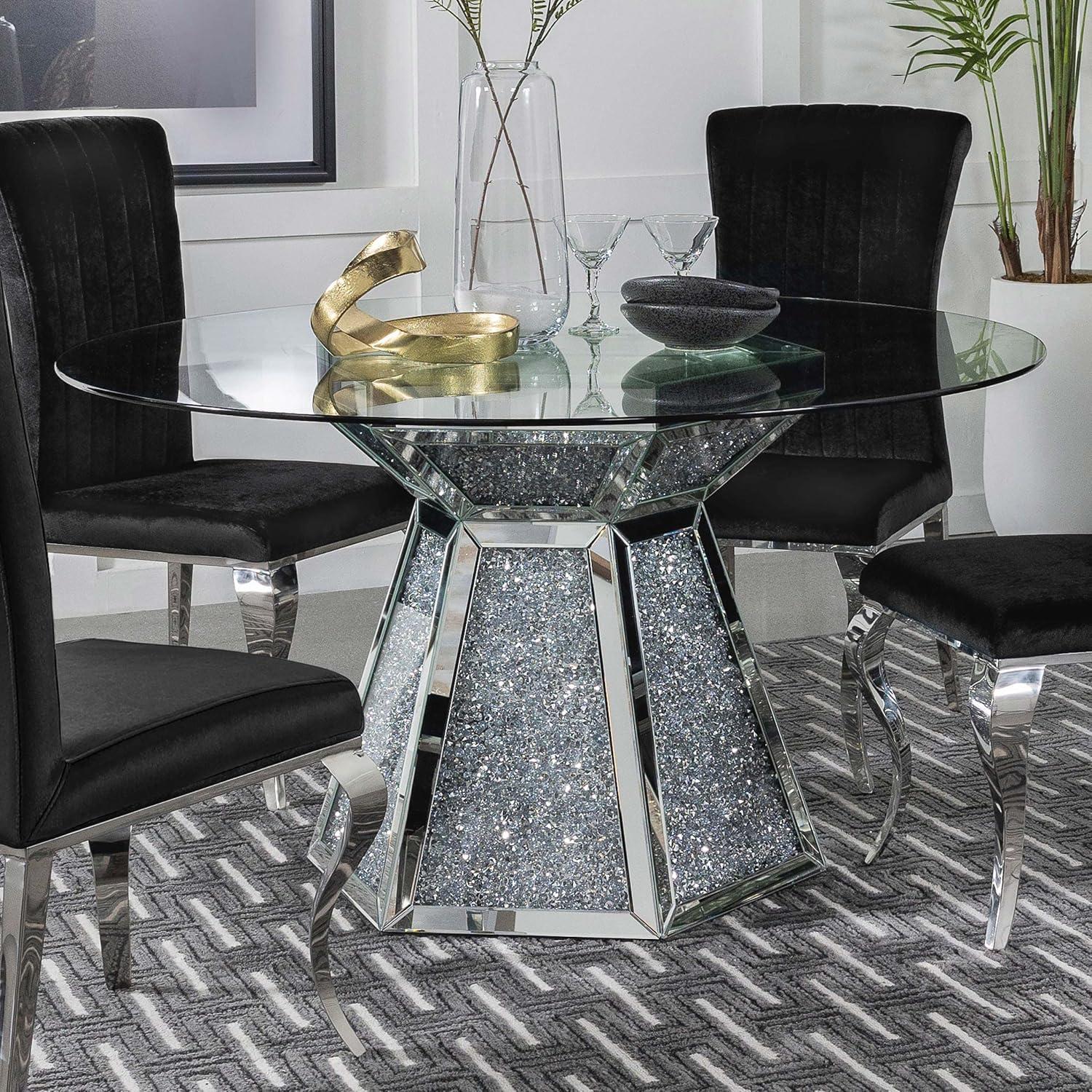 Round Glass Top Dining Table with Mirrored Pedestal Base