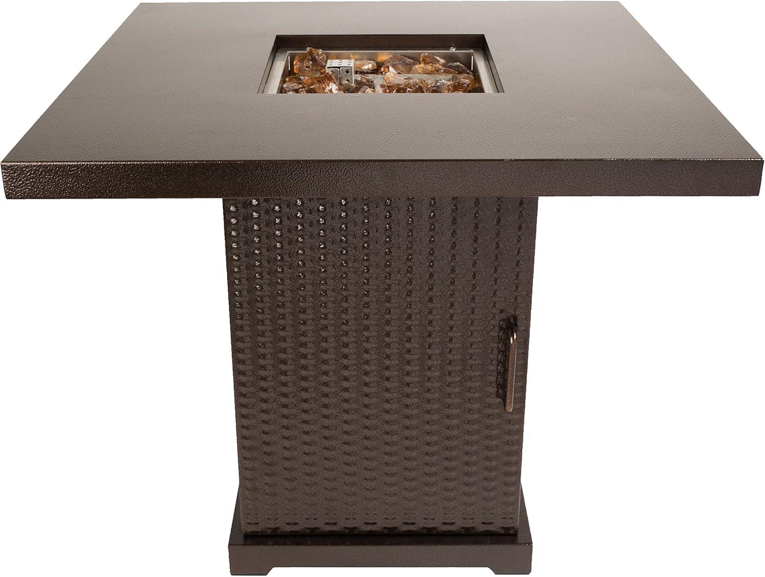 Hammered Bronze Gas Fire Pit Table with Amber Glass Rocks