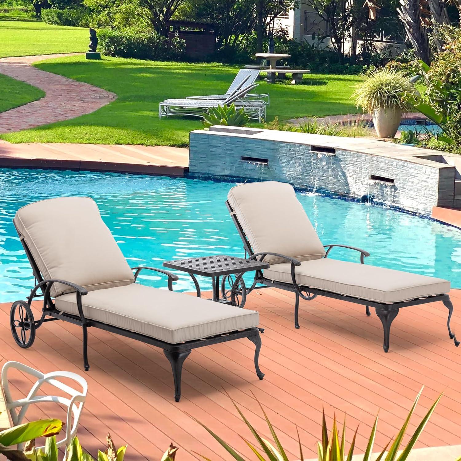 Outdoor Chaise Lounge Chairs, Pool Lounge Chairs with Cushion Cast Aluminum Patio Lounger with Wheels and Adjustable Reclining