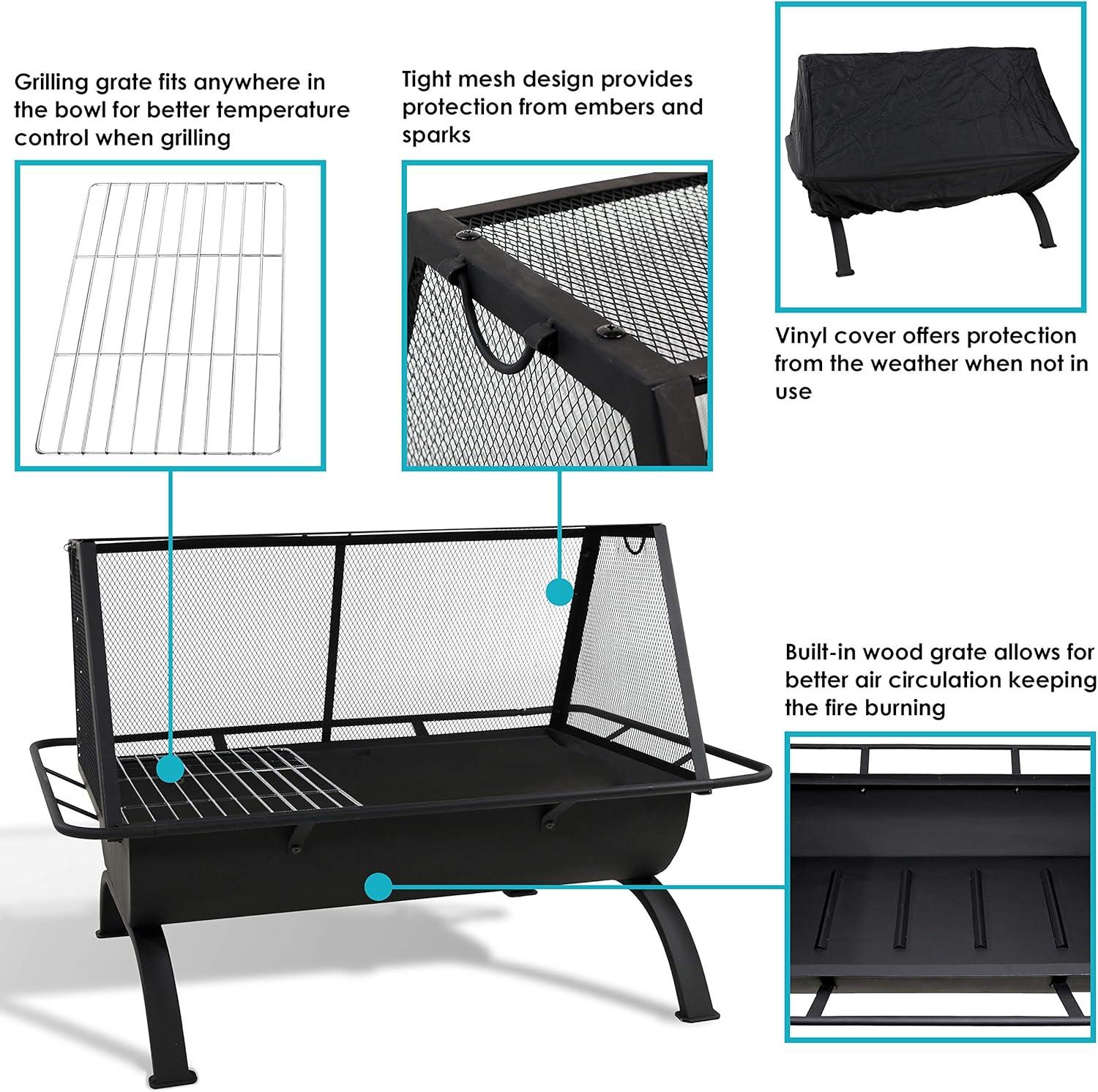 Sunnydaze Outdoor Camping or Backyard Rectangular Northland Fire Pit with Cooking Grill Grate, Spark Screen, Log Poker, and Fire Pit Cover - 36"