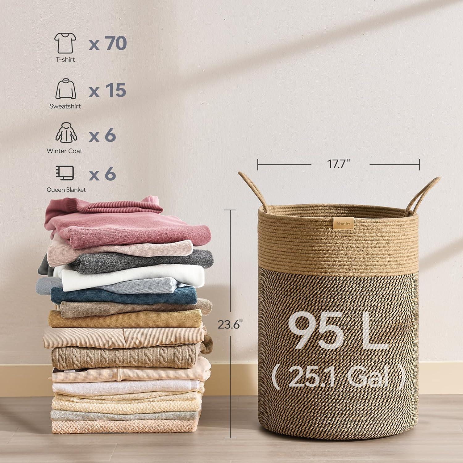 95L Beige and Dark Brown Woven Nursery Laundry Hamper