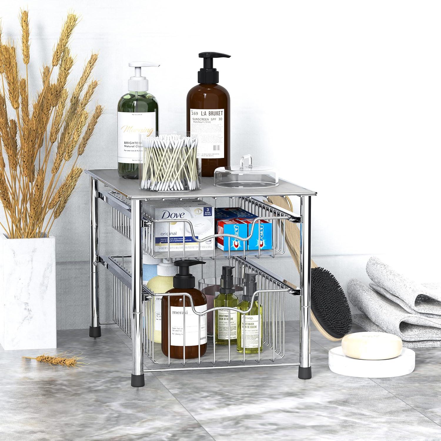 Chrome Stackable 2-Tier Sliding Basket Organizer