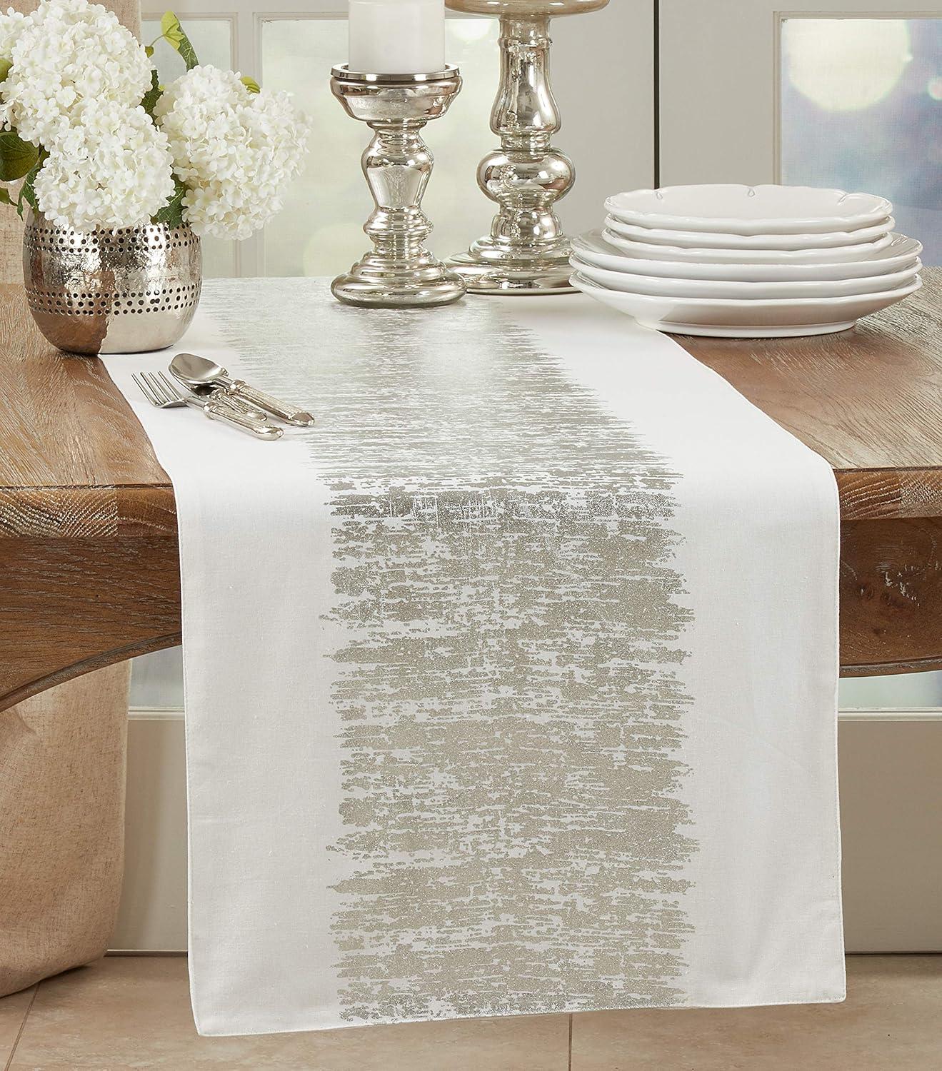 Silver Metallic Banded Cotton Table Runner, 16" x 54"