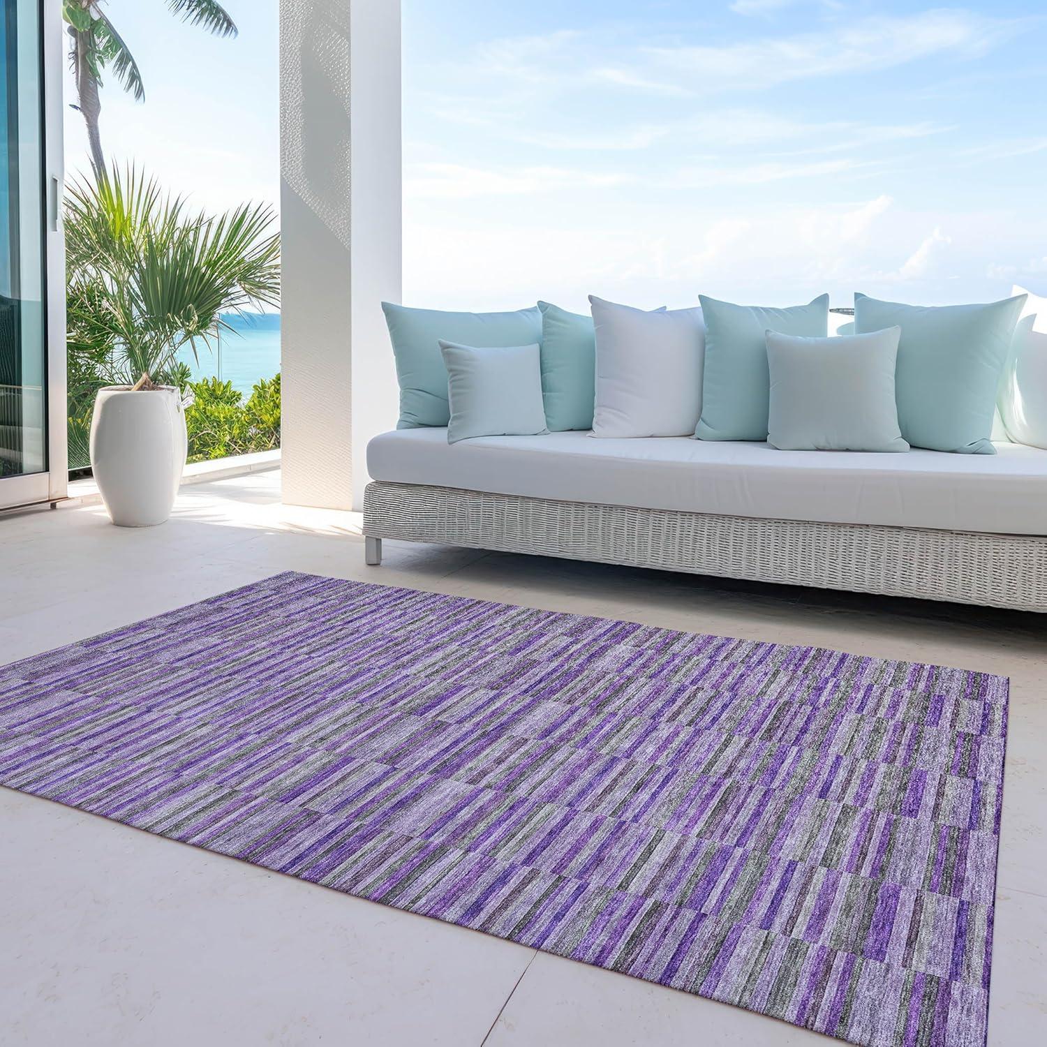 Purple and Gray Striped Synthetic Washable Indoor/Outdoor Rug