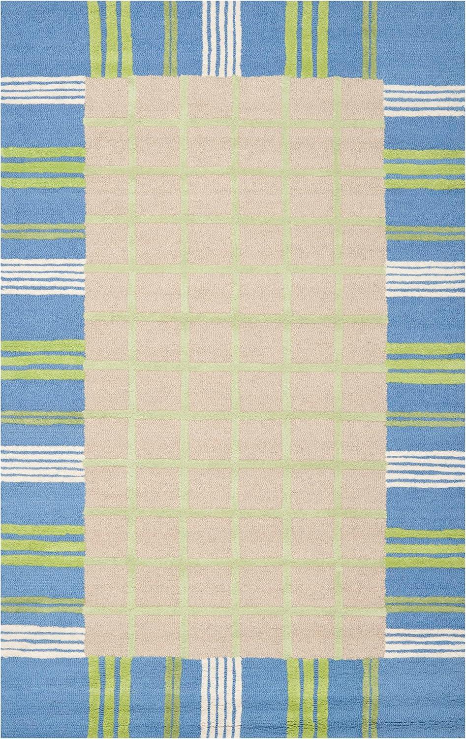 SAFAVIEH Kids Riley Geometric Bordered Cotton Area Rug, Taupe/Blue, 4' x 6'