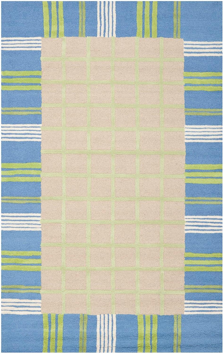 SAFAVIEH Kids Riley Geometric Bordered Cotton Area Rug, Taupe/Blue, 4' x 6'