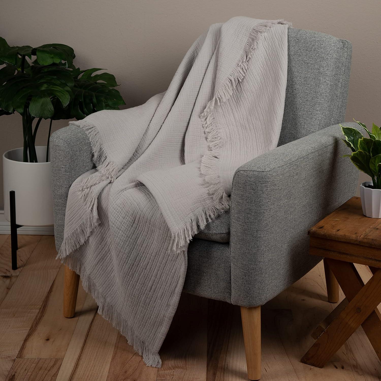 Sticky Toffee Muslin Throw Blanket for Adults, 100% Cotton, 60x50 in, Soft Lightweight and Breathable Throw for Couch, Gray