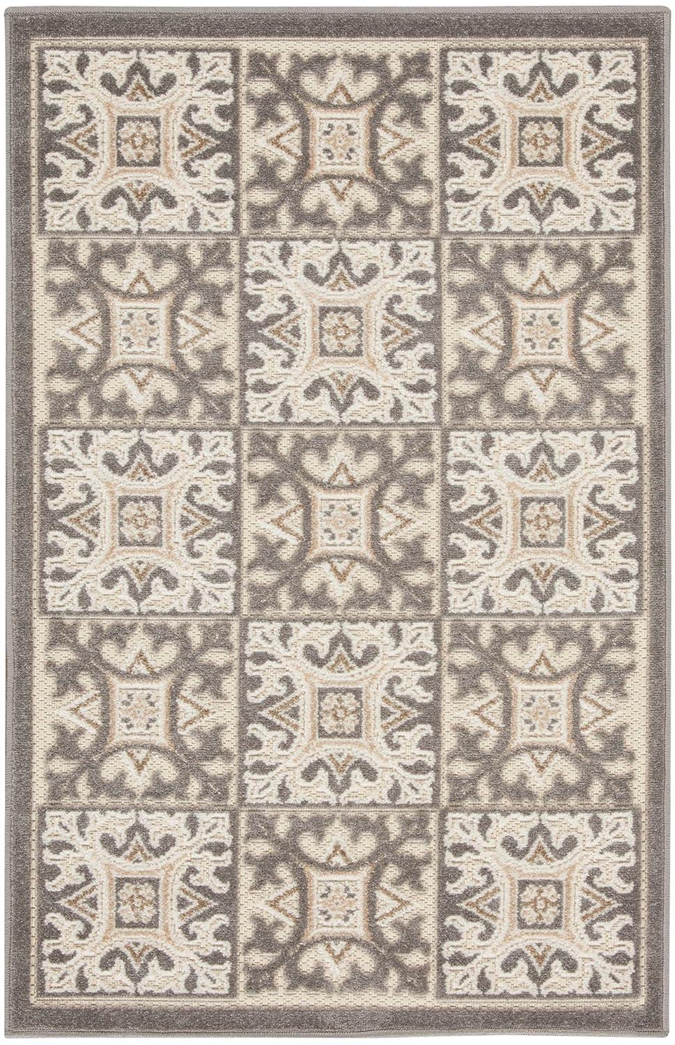 Nourison Aloha Modern Mosaic Flatweave High-Low Indoor Outdoor Area Rug Ivory Grey 2'8" x 4'