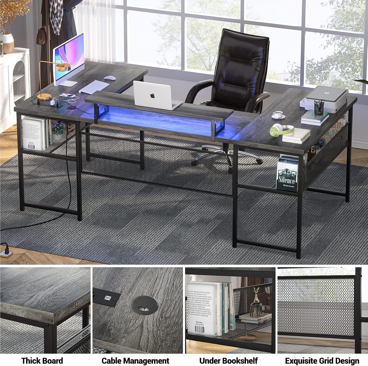 Unikito U Shaped Computer Desk with Power Outlet and LED Strip, Reversible L Shaped Office Desk with Monitor Stand and Bookshelf, Modern U- Shape Corner Desk, 130 Inch 2 Person Gaming Table, White Oak