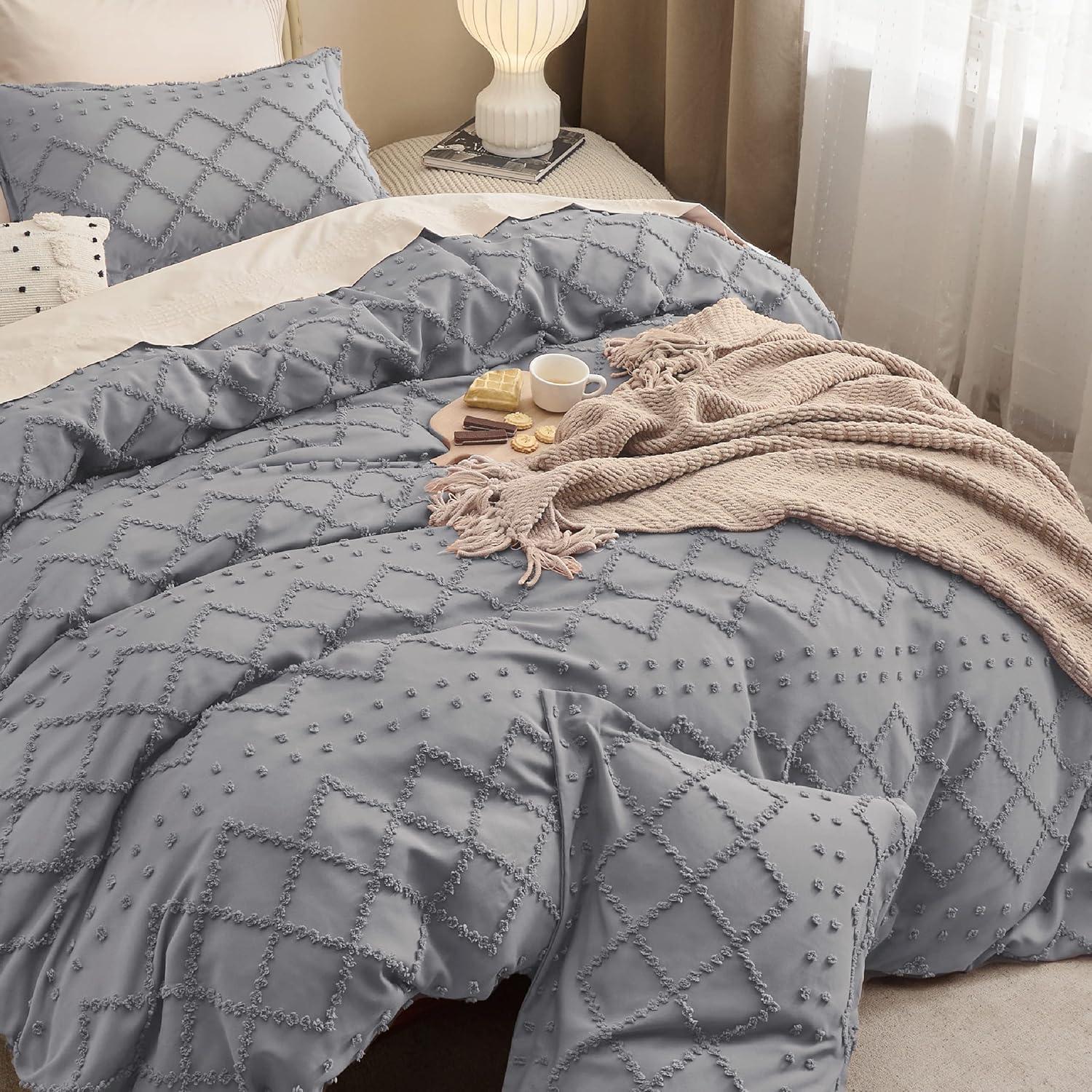 Bedsure Boho Duvet Cover King Size - Boho Bedding, Tufted King Duvet Cover for All Seasons, 3 Pieces Embroidery Shabby Chic Home Bedding,Comforter Not Included (Grey, 104" x 90")