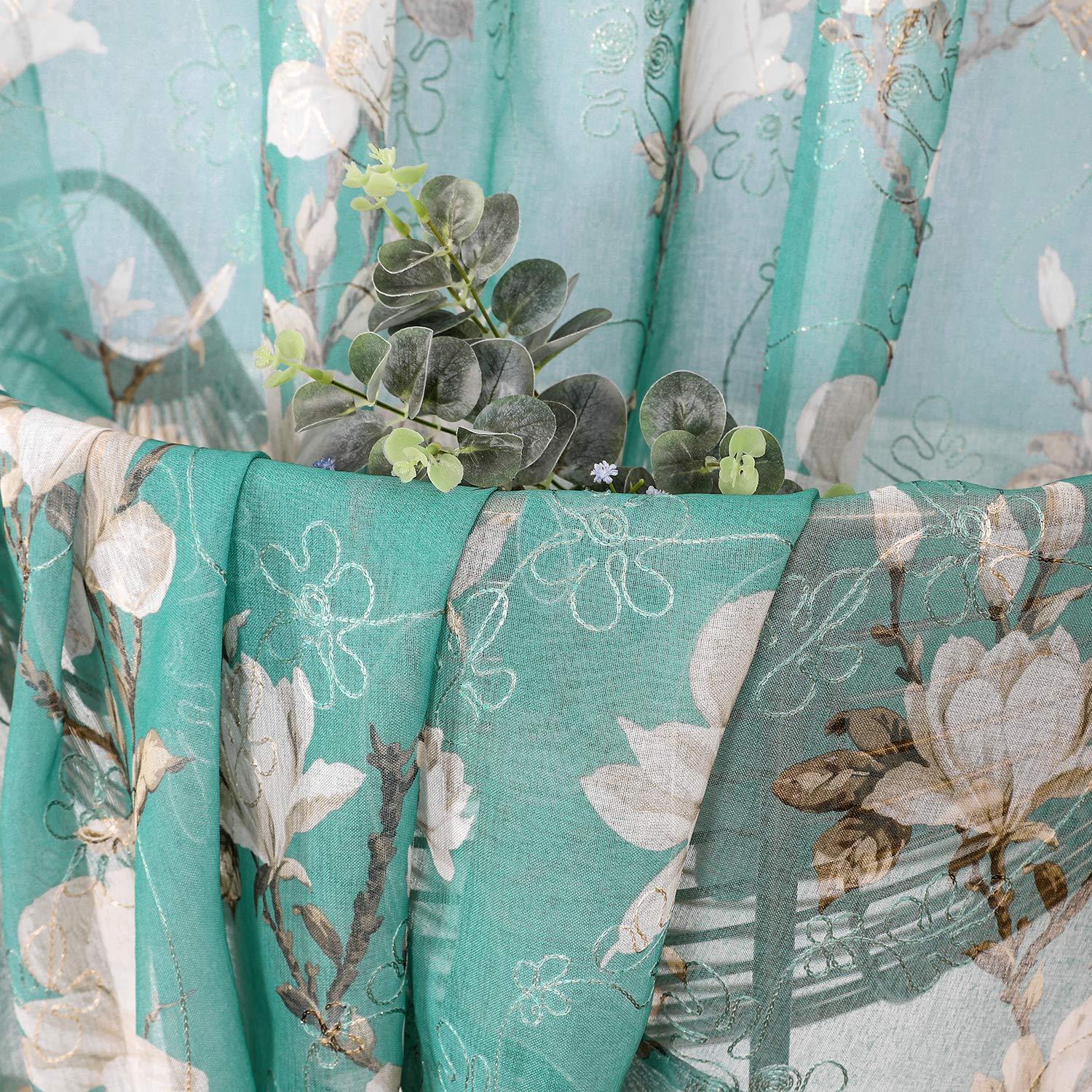 Tollpiz Floral Turquoise Sheer Curtain Flower Print Vine Embroidery Bedroom Curtains Rod Pocket Voile Window Curtain for Living Room, 54 x 95 inches Long, Set of 2 Panels