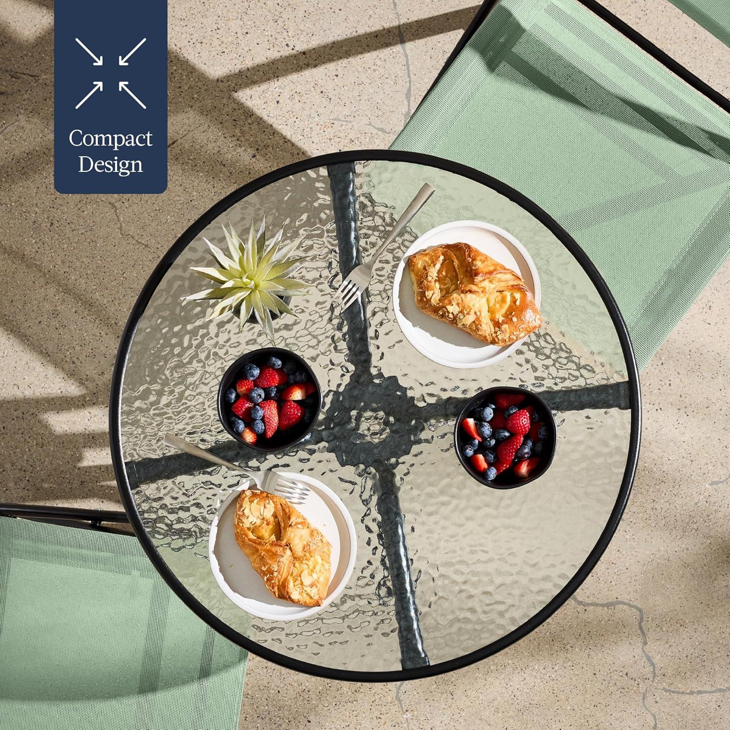 George Oliver 3-Piece Patio Bistro Dining Furniture Set W/ Glass Tabletop, Folding Chairs