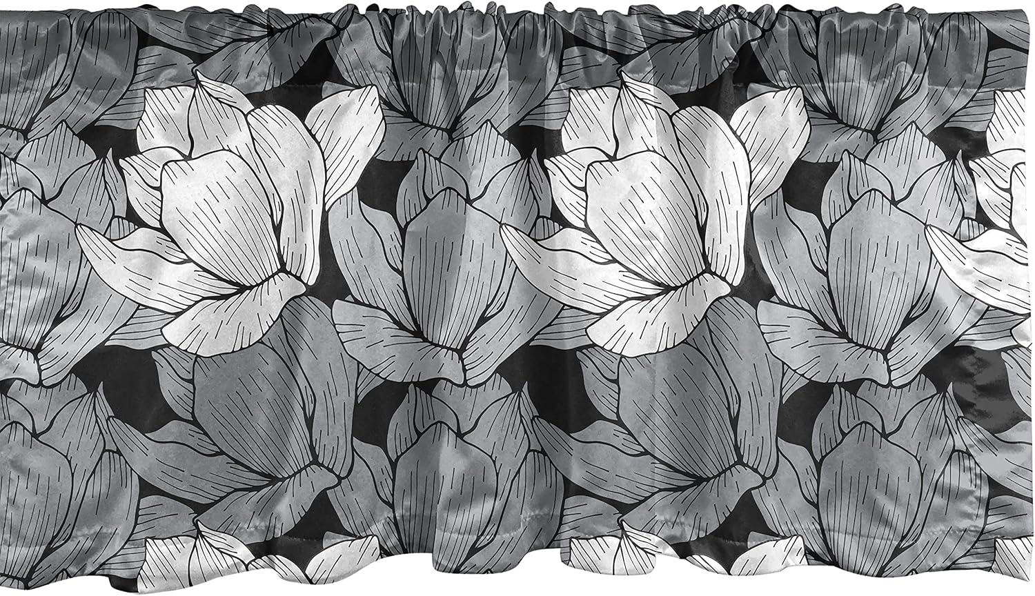 Black and White Floral Polyester Rod Pocket Valance