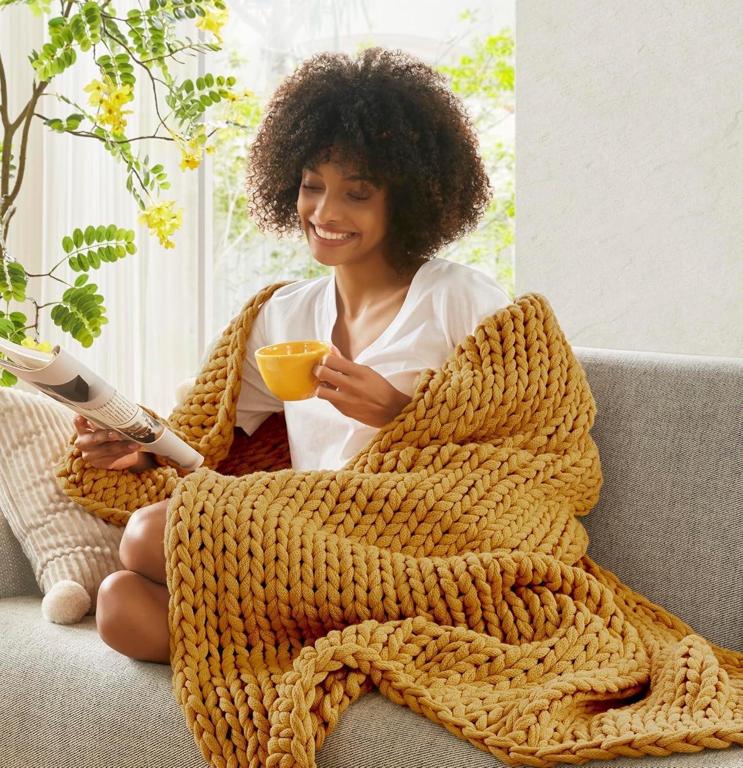50"x60" Chunky Double Knit Handmade Throw Blanket Yellow - Madison Park: Cozy, Durable, All-Season