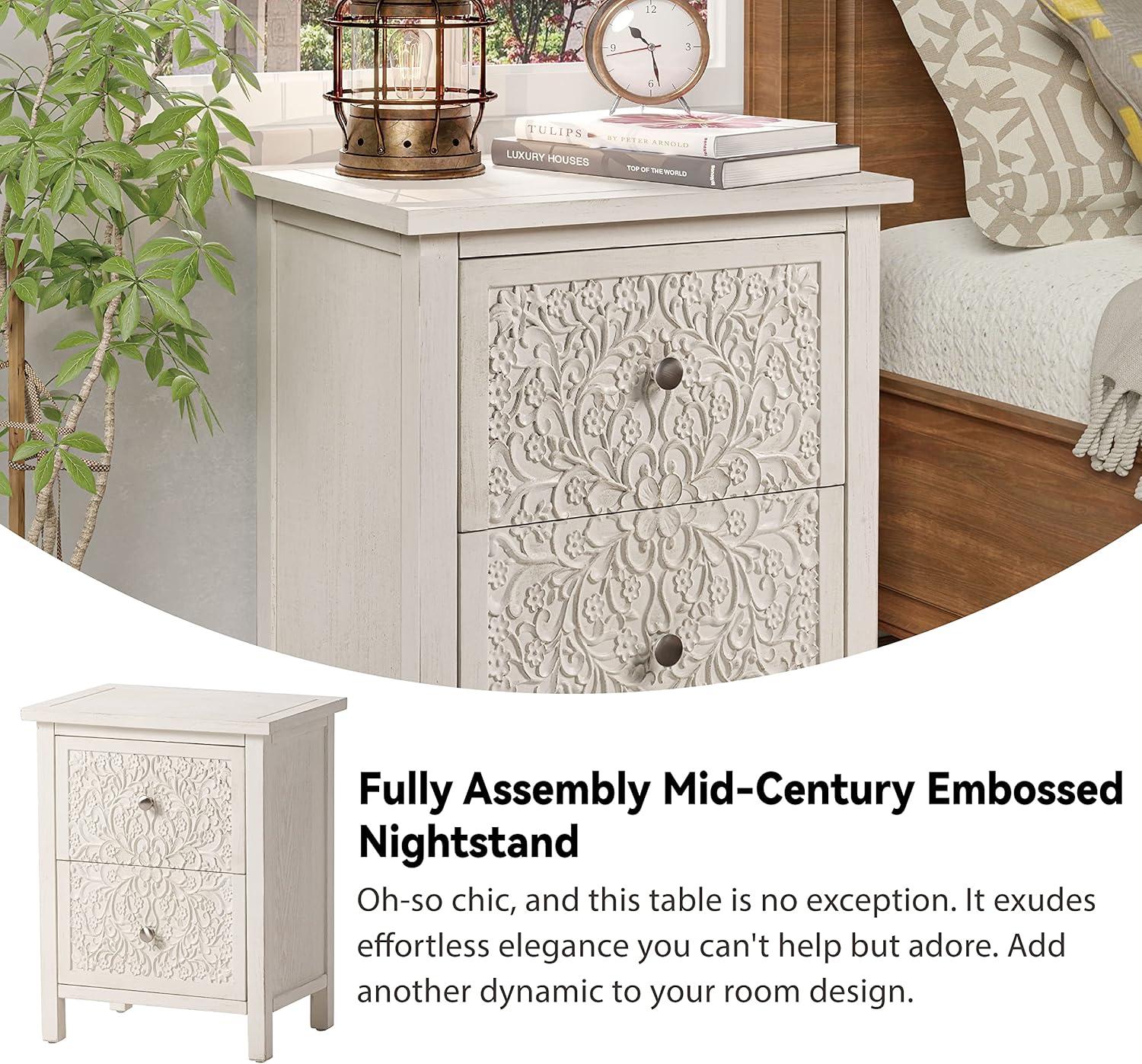 COZAYH Farmhouse Fully-Assembled Nightstand with 2-Drawer, Flower Motif End Table for Small Spaces, French Country, Modern, Distressed Finish, White-Washed